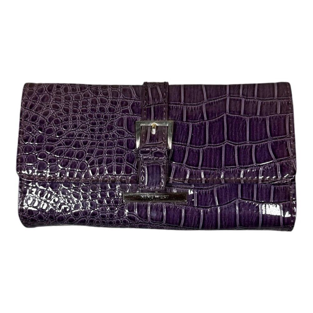 Nine West Purple Crocodile Embossed Clutch Wallet With Buckle Closure  Zip Pocke